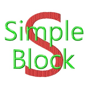 May include: Simple Block text with a red S in the center and green letters for the words Simple and Block.