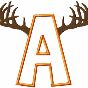 May include: Orange outlined letter A with brown antlers on top. The letter is white inside the orange outline.