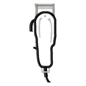 May include: A black and white illustration of an electric hair clipper with a cord.
