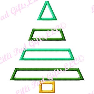 May include: A green and yellow Christmas tree design with a triangle at the top and three rectangular shapes below.