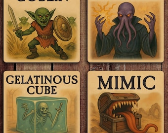 Retro DnD Monster Untersetzer Vol 1 | Vintage Fantasy Kunst, Set von 6