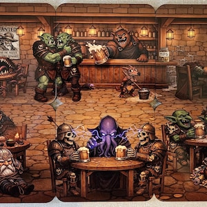 Puede incluir: Ilustración fantástica de una taberna con diversas criaturas míticas, como orcos, duendes y esqueletos. La escena muestra a personajes bebiendo y socializando. Un cartel de "Se busca" es visible. El escenario es una taberna oscura con paredes de piedra.