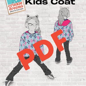 May include: An illustrated design for a child's coat featuring a blue and pink diamond pattern. The image includes the text "the Elemental Kids Coat" and "crinkle dreams patterns by Teresa Coates". The size range is from toddler to teen.