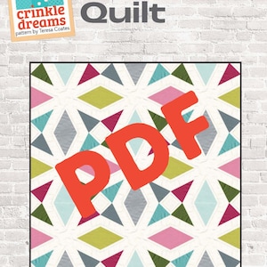 May include: A PDF download for a paper-piecing wall quilt pattern called "The Mirth Quilt" by Teresa Coates. The quilt features a geometric design with colorful triangles and diamonds.