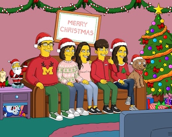 Personalized Simpsons Portrait for Christmas Gift, Christmas Gift Idea, Custom Family Simpsons Portrait, Christmas Simpsons Art, Yellow art