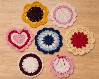 Handmade Crochet coasters 100%Cotton Coasters Valentines Gift Idea Table DecorGift Housewarming Boho Sunflower Heart Mandala Floral Coasters