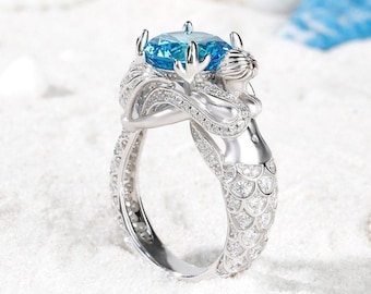 Sterling Silver Mermaid Ring – Blue Topaz Ocean Fantasy Jewelry