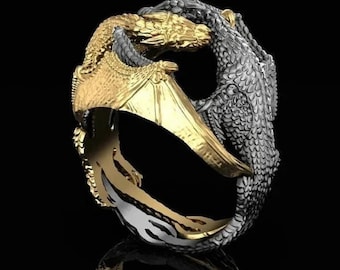 Oxidized Sterling Silver Double Dragon Ring, Men's Statement Jewelry