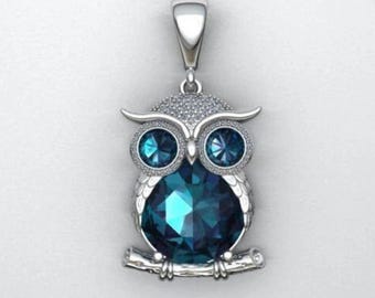 14K Gold Diamond Owl Necklace, Feng Shui Pendant, Gift for Her