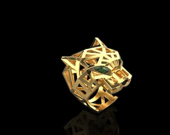 18k Gold plated Geometric Panther Ring, Emerald Eyes, Statement Jewelry