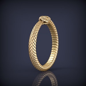 May include: A gold-coloured ring shaped like a snake. The snake's head is at the top of the ring, with the body forming a full circle. The ring features a textured, scaled design.