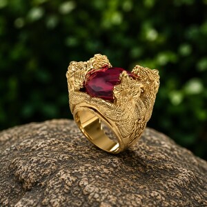 Handmade 14K Gold Plated Sterling Silver Lion Head Ring, Red Gemstone Gothic Jewelry
