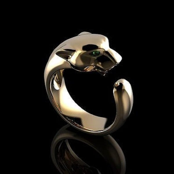 18k Gold Panther Ring, Adjustable Pave Diamond Cat Ring
