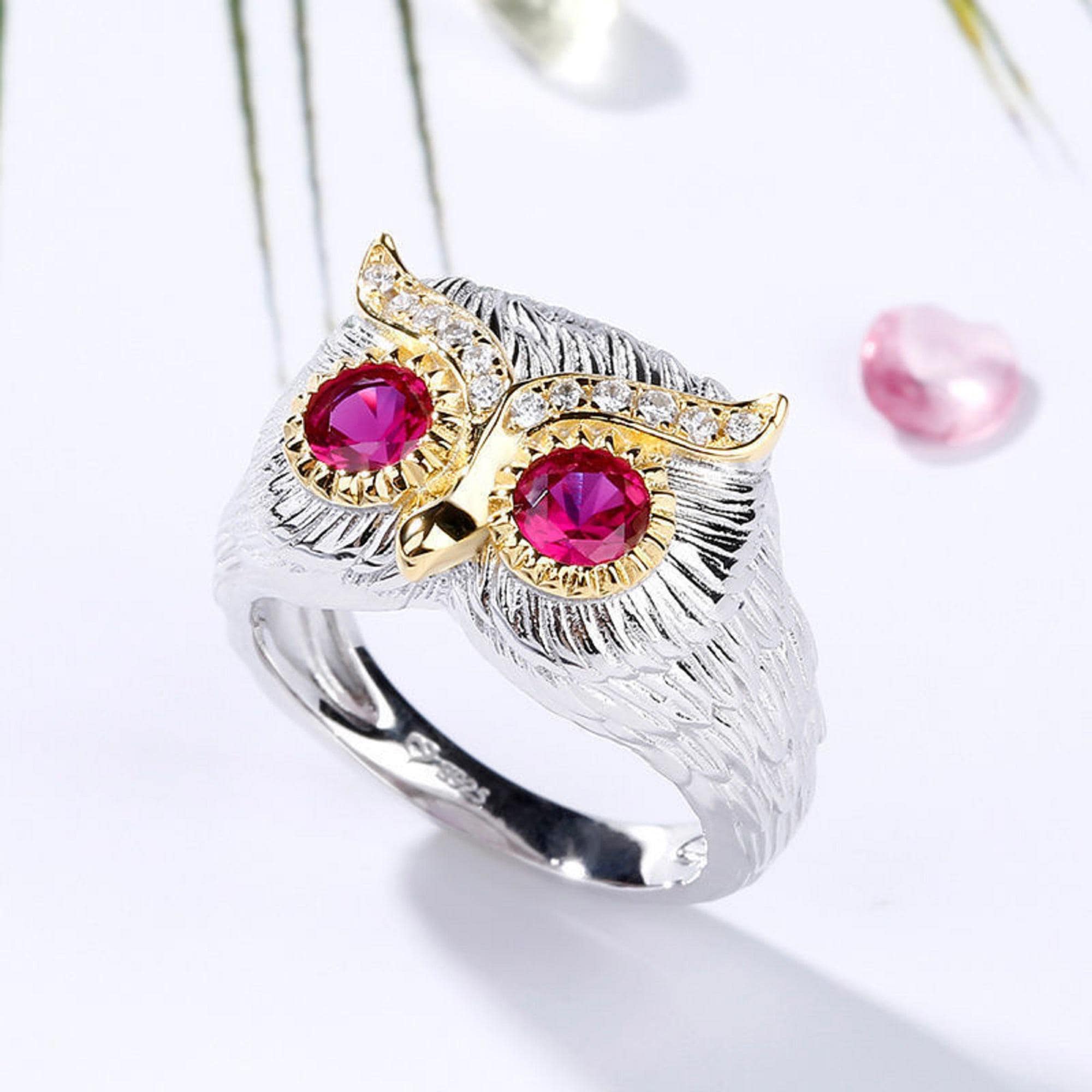 Sterling Silver Owl Ring, Ruby Eyes, Diamond Brow, Handmade
