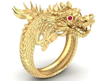 Anillo de dragón de oro de 14k, joyería de serpiente, adorno mitológico
