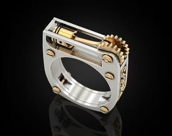 Kinetic Steampunk Gear Ring, 925 Sterling Silver, Engine Movement