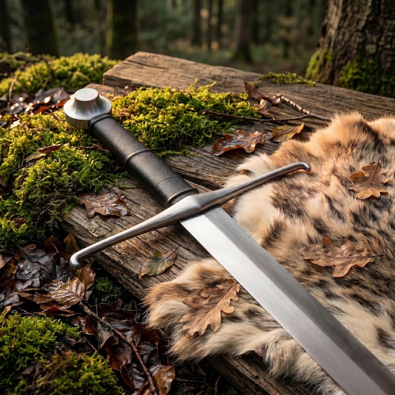 May include: A metal sword with a black leather-wrapped grip and a circular pommel. The crossguard is straight with slightly curved ends. The blade is polished steel, extending from the hilt, resting on a textured wooden surface with moss.