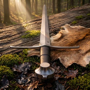 May include: A long, double-edged steel sword featuring a straight crossguard, a dark leather-wrapped grip, and a rounded metal pommel. The blade is pointed and tapers toward the tip, reflecting light along its central ridge and flat surfaces.