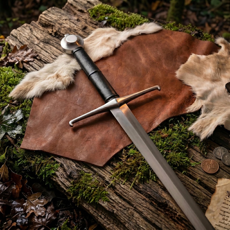May include: A longsword with a polished steel blade, a straight crossguard, and a black leather-wrapped grip. The sword features a rounded metal pommel at the end of the handle. The blade is double-edged and tapers to a point at the tip.