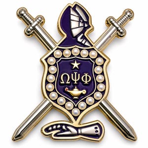 May include: A gold and purple metal crest pin featuring two crossed silver swords behind a shield. The shield displays the Greek letters Omega, Psi, and Phi in gold, a gold star, and a gold lamp. The border is lined with small white pearls.