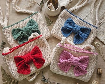 Handmade Crochet Big Bow Shoulder Bag, Knit Tote For Kids And Women