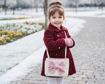 Handmade Crochet Big Bow Shoulder Purse, Knit Tote For Kids Bag