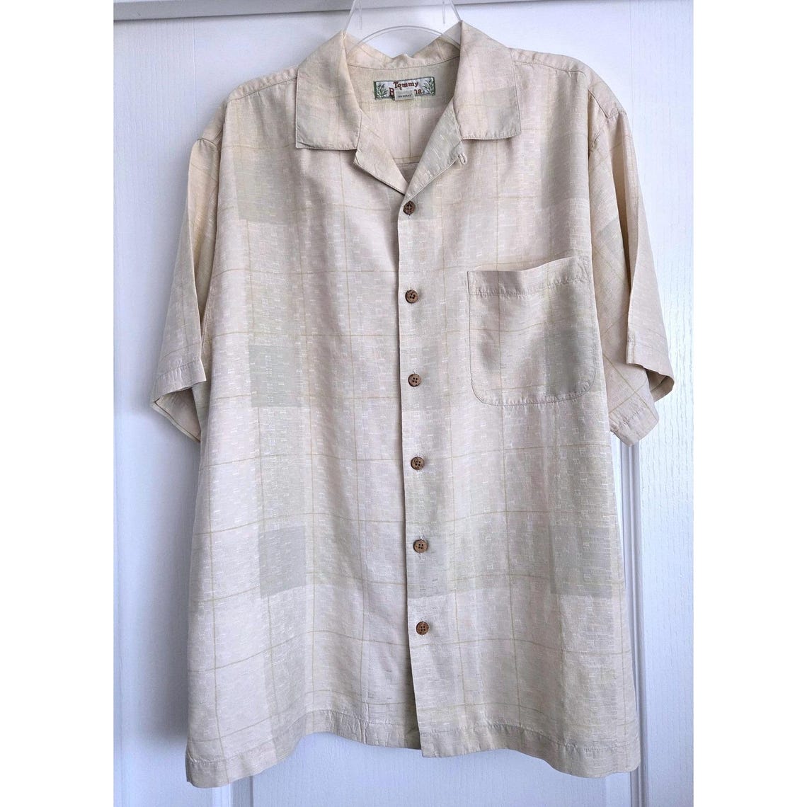 VTG Tommy Bahama 100% Silk Cream Short Sleeve Button Camp Shirt Jacquard Sz M, foto 1 di 5