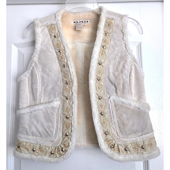 AMI, VTG AMI Cream Suede Faux Fur Lined Embroidered Studded Vest Sz S Pockets Hippy