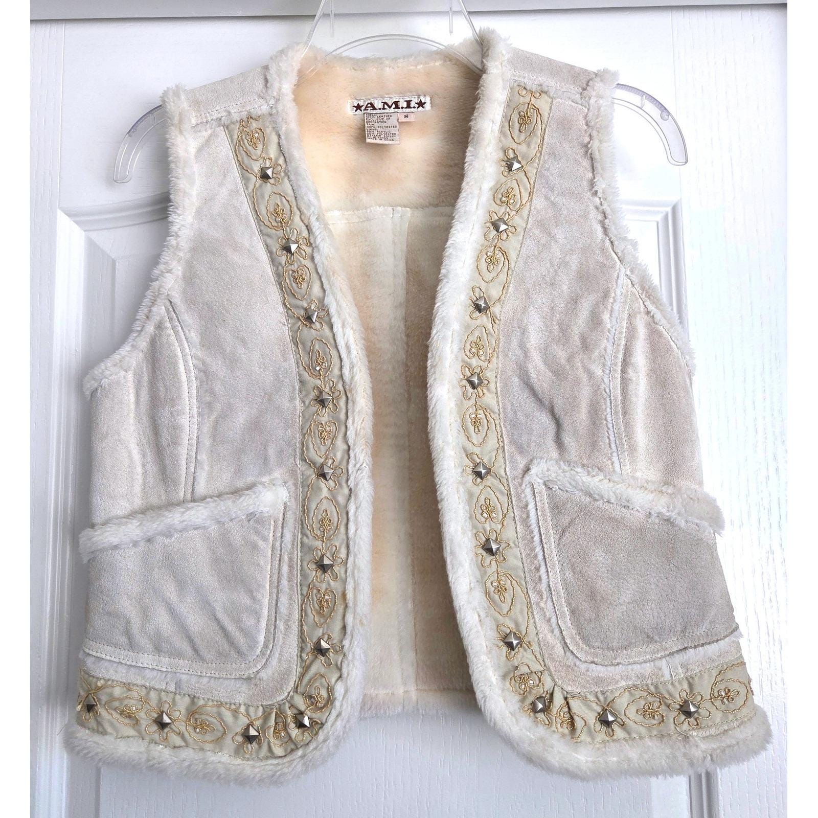 AMI, VTG AMI Cream Suede Faux Fur Lined Embroidered Studded Vest Sz S Pockets Hippy
