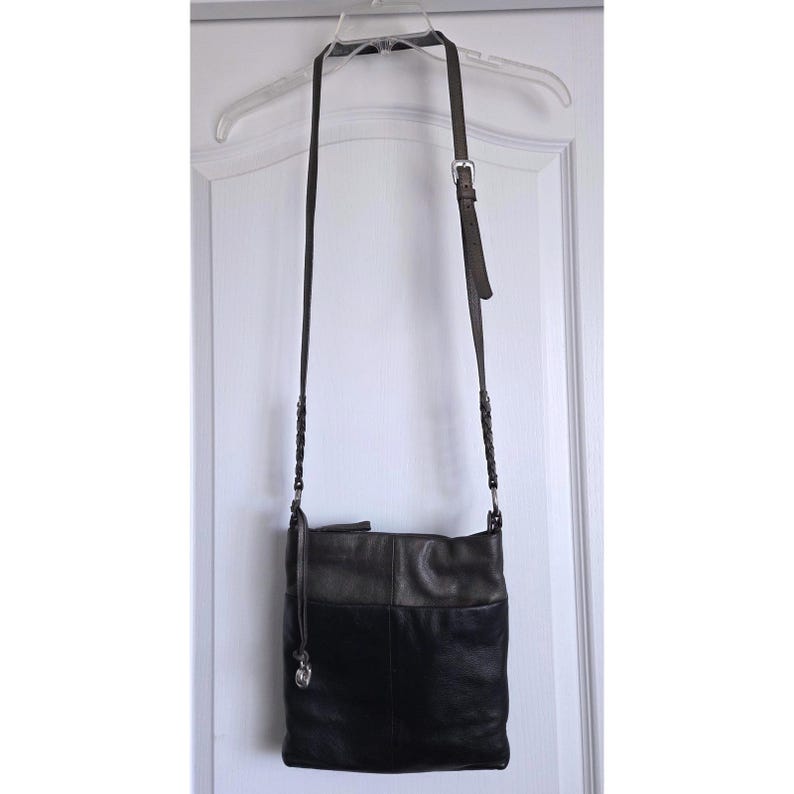 VTG Brighton Black Pewter Leather Crossbody Bag Silver Hardware Leopard Lining image 1