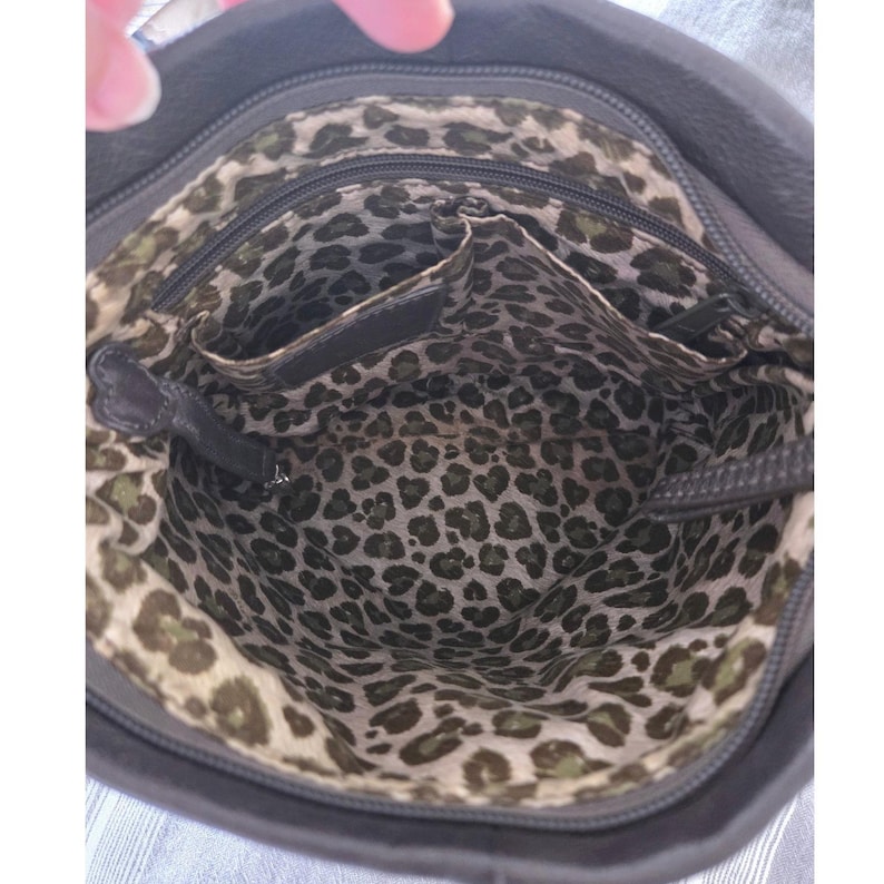 VTG Brighton Black Pewter Leather Crossbody Bag Silver Hardware Leopard Lining image 6