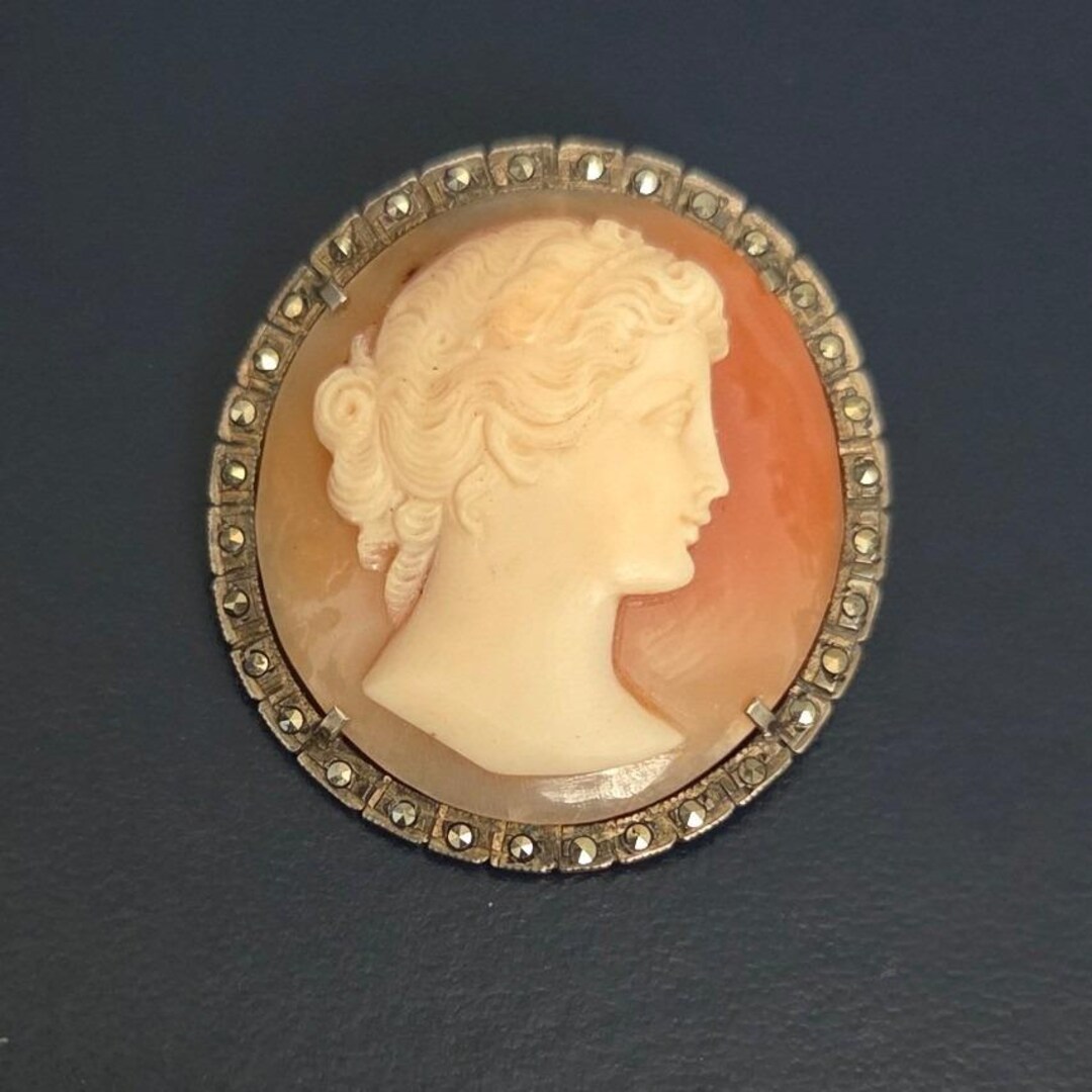 Vintage Art Deco Shell Cameo Brooch Pendant 900 Silver Marcasite Hand ...