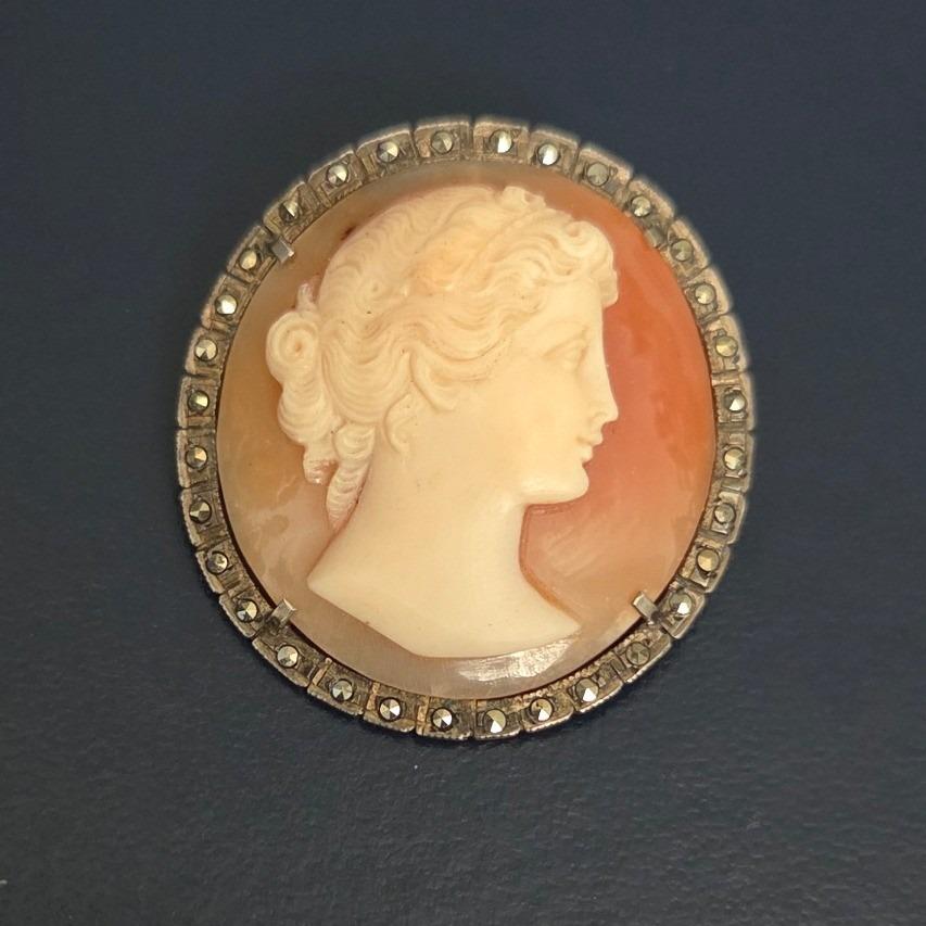 Vintage Art Deco Shell Cameo Brooch Pendant 900 Silver Marcasite Hand ...