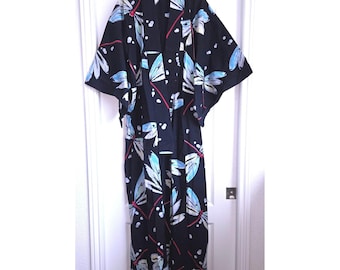Handmade Japanese Cotton Yukata Kimono Robe Black Dragonfly Full Length Sz XL
