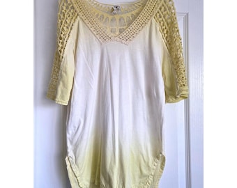 XCVI Ombre Crochet Lace V-Neck Cotton Tunic Top Coverup Yellow White Sz S