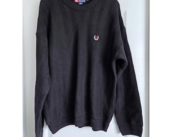 VTG Chaps Ralph Lauren Black Herringbone Knit Cotton Crewneck Sweater Logo Sz XL