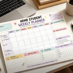 May include: A paper weekly planner titled ADHD STUDENT WEEKLY PLANNER with pastel-coloured sections for daily tasks, a habit tracker, and notes. The layout includes columns for each day of the week, a to-do list, and sections for goals and reminders.