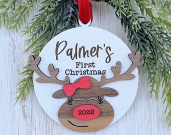 Personalized Baby's First Christmas Ornament - Reindeer Wooden Ornament