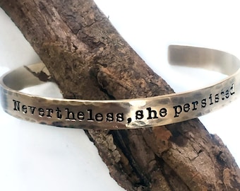 Nevertheless She Persisted Cuff Bracelet - Hammered Gold, Feminism Jewelry