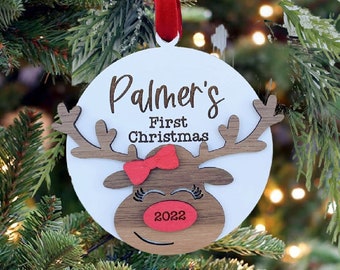 Personalized Baby's First Christmas Ornament – Reindeer Wood Decoration