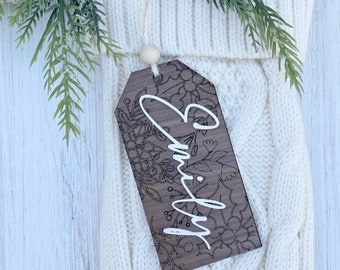 Personalized Stocking Tag - Christmas Stocking Name Tag - Custom Beaded Wooden Gift Tag - Engraved Stocking Name Tags - Personalized Tag