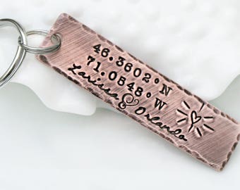 Personalized Copper Coordinate Keychain - Custom Latitude Longitude GPS Key Chain - Personalized Location Keyring - Gift for Boyfriend