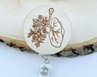 Wooden Badge Reel - Floral Lungs Badge Reel - Anatomy Badge Reel - Respiratory Therapist Badge Reel - RRT Badge Reel - Pulmonology Badge