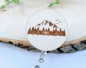 Wood Badge Reel - Mountain Badge Reel - Minimalistic Badge Reel - Outdoor Badge Reel - Forest Badge Reel