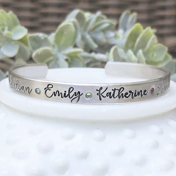 Personalized Birthstone Cuff Bracelet - Personalized Mothers Bracelet-Mothers Day Gift Mom Grandma Mimi-Stacking Bracelet-Kids Name Bracelet