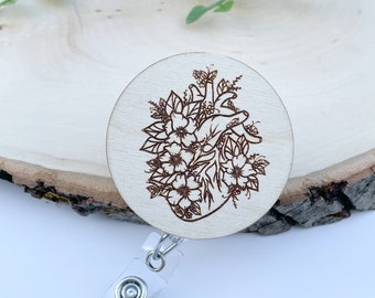 Wood Badge Reel - Floral Heart Badge Reel - Anatomy Badge Reel - Cardiology Badge Reel - Cath Lab Badge Reel - RN Badge Reel - Nurse Gift