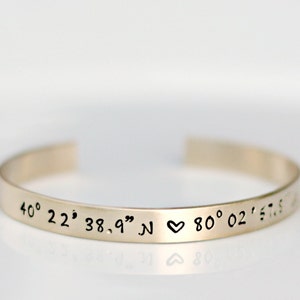 Gold Coordinate Bracelet - GPS Coordinate Bracelet - Gold Cuff Bangle - Latitude Longitude Location Jewelry