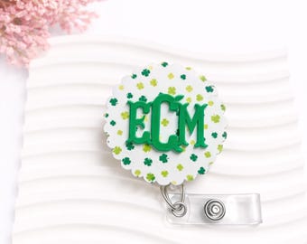 Personalized St. Patrick's Day Badge Reel | Monogram Shamrock Retractable ID Holder, Clover Badge Holder | Nurse Gift