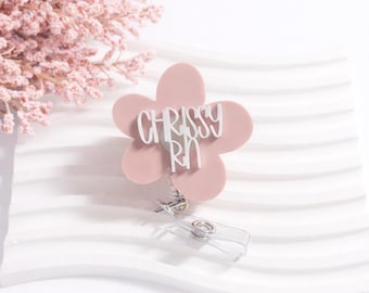 Acrylic Flower Badge Reel with Name | Retractable ID Holder, Nurse Gift