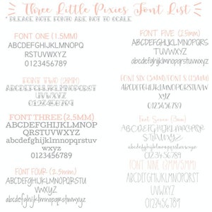 May include: A pink and white graphic with the text "Three Little Pixies Font List" and a list of different fonts in various sizes. The fonts are shown in uppercase and lowercase letters, as well as numbers.